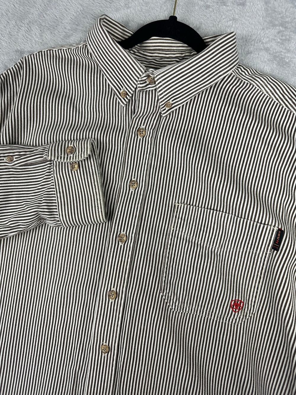 Ariat Work FR Brown Striped Button Down Shirt Mens XXL 2XL Flame Resistant CAT 2
